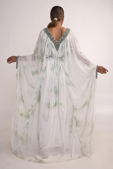 Merge Design Neckline Embroidered Kaftan With Belt 