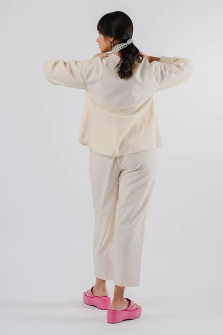Shop Tussah By Siddhi Shah Off White , Handloom Patchwork V-neck Shirt And Pant Set at Aza Fashions Shop_Tussah By Siddhi Shah_Off White , Handloom Patchwork V-neck Shirt And Pant Set _at_Aza_Fashions