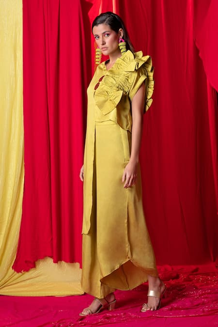 Shop_Enech_Yellow Muslin Modal V Neck High Low Tunic And Palazzo Set  _at_Aza_Fashions