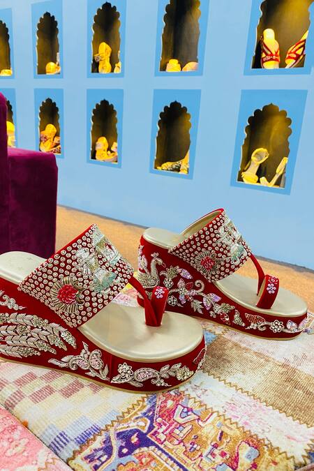 Shiveen Shiveen Doli Embroidered Velvet Kolhapuri Wedges 
