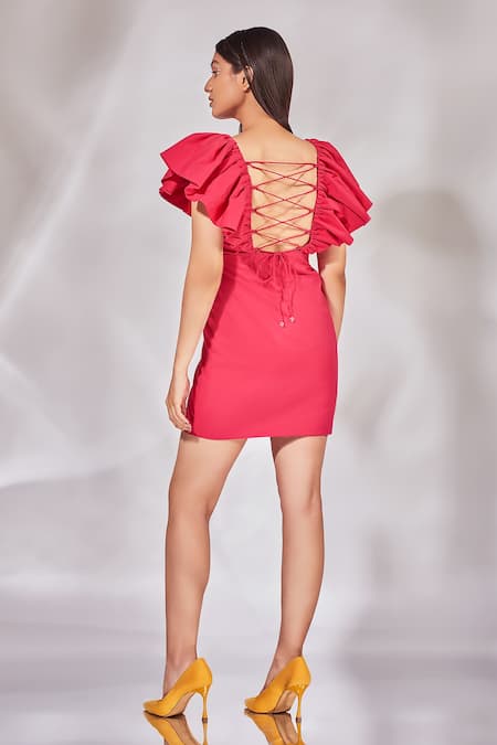 Shop_Senren by Eshana Raut_Fuchsia Cotton V-neck Off Shoulder Dress _at_Aza_Fashions