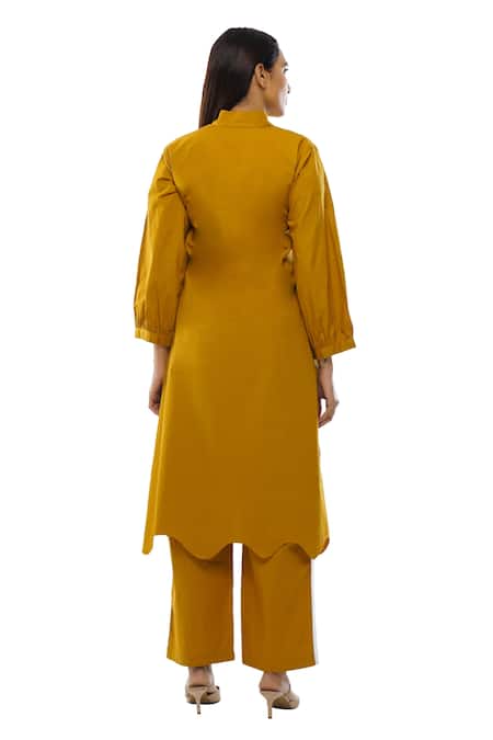 Khat Panelled Mustard Yellow Dress & Pant Set 