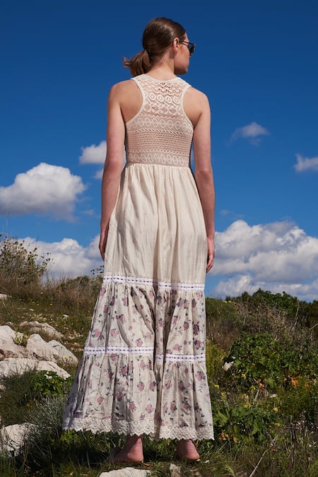 Shop Shruti Sancheti Off White Crepe Embroidery, Sequins Round Neck Floral Print Tiered Maxi Dress at Aza Fashions Shop_Shruti Sancheti_Off White Crepe Embroidery, Sequins Round Neck Floral Print Tiered Maxi Dress _at_Aza_Fashions