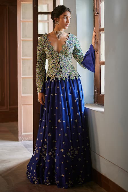 Mrunalini Rao_Blue Silk Embroidery Plunge Neck Cherry Blossom Jacket Lehenga Set _Online_at_Aza_Fashions