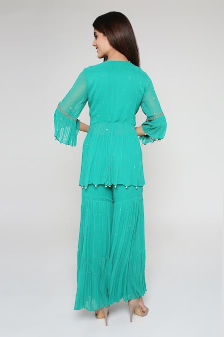 Shop Bha Sha Green Georgette, Net, Linen Beads V-neck Ina Embroidered Tunic Sharara Set at Aza Fashions Shop_Bha Sha_Green Georgette, Net, Linen Beads V-neck Ina Embroidered Tunic Sharara Set _at_Aza_Fashions