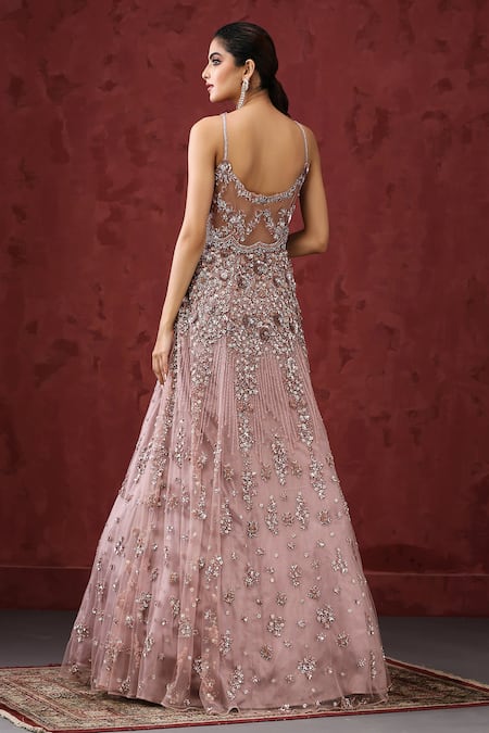 Shop_Minaki_Purple Net Sequins, Beads Sweetheart Neck Floral And Linear Embroidered Gown _at_Aza_Fashions