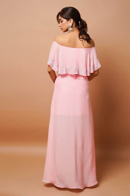 Shop_Ahi Clothing_Pink Crepe Zari, Cut Work Off-shoulder Off Embroidered Top And Draped Skirt Set _at_Aza_Fashions