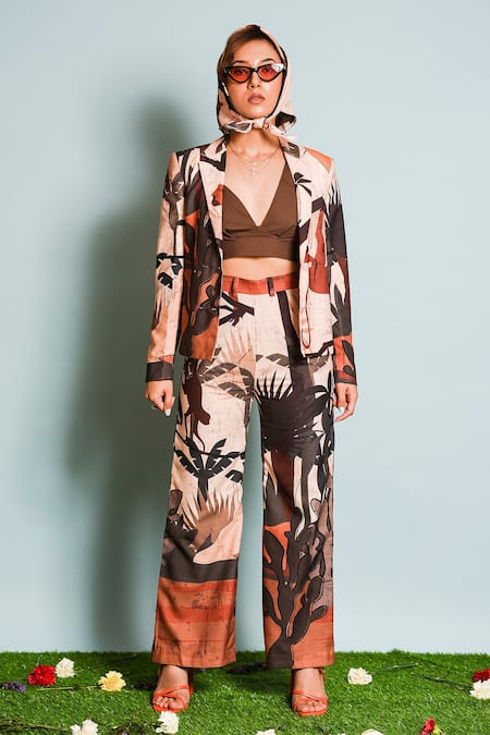 Shop_The Dramebaaz CO_Brown Linen, Silk, Cotton V-neck Double Breasted Printed Blazer Pant Set _at_Aza_Fashions