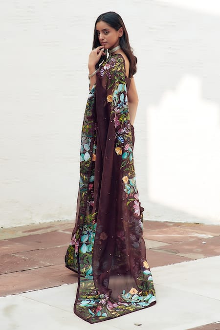 Shop_Neha Saxena_Brown Saree  Pure Silk Organza Hand Painted Cutdana  _at_Aza_Fashions