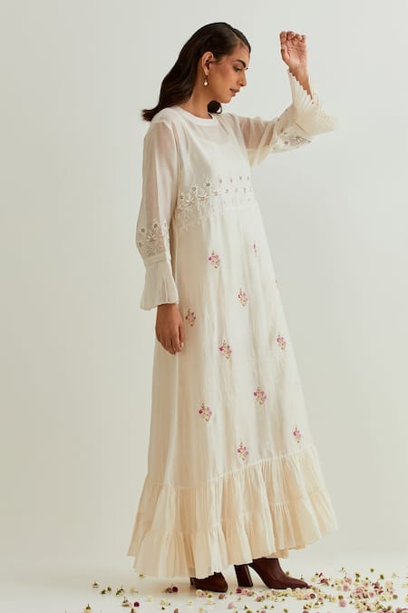 Shop Prama By Pratima Pandey Ivory Chanderi Embroidered Chikankari Round Maxi Dress With Inner at Aza Fashions Shop_Prama By Pratima Pandey_Ivory Chanderi Embroidered Chikankari Round Maxi Dress With Inner _at_Aza_Fashions