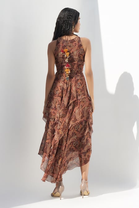 Nadima Saqib Paisley & Mandla Print Asymmetric Hem Dress 