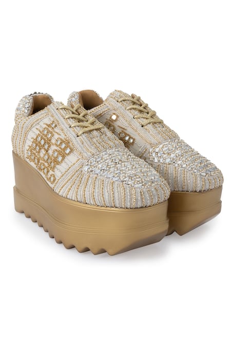 Anaar_Gold A Toast To You Embroidered Sneaker Wedges _Online_at_Aza_Fashions