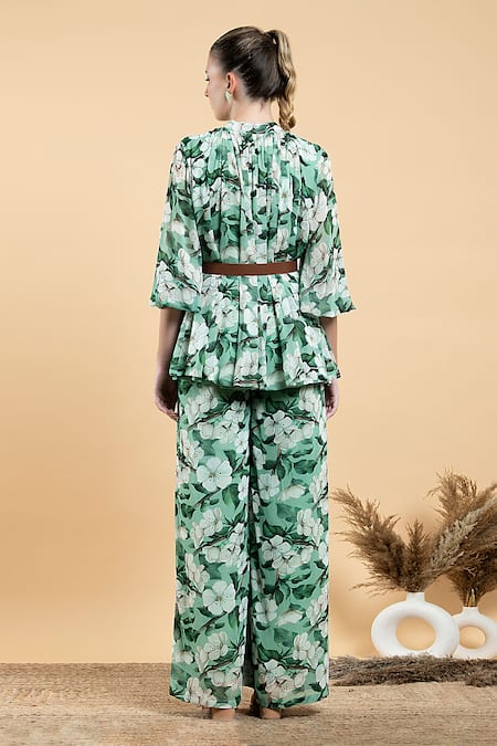 Shop Divi By Sonal Khandelwal Green Bamboo, Georgette Bandeau Neck Wild Apple Print Top And Palazzo Set at Aza Fashions Shop_Divi By Sonal Khandelwal_Green Bamboo, Georgette Bandeau Neck Wild Apple Print Top And Palazzo Set _at_Aza_Fashions