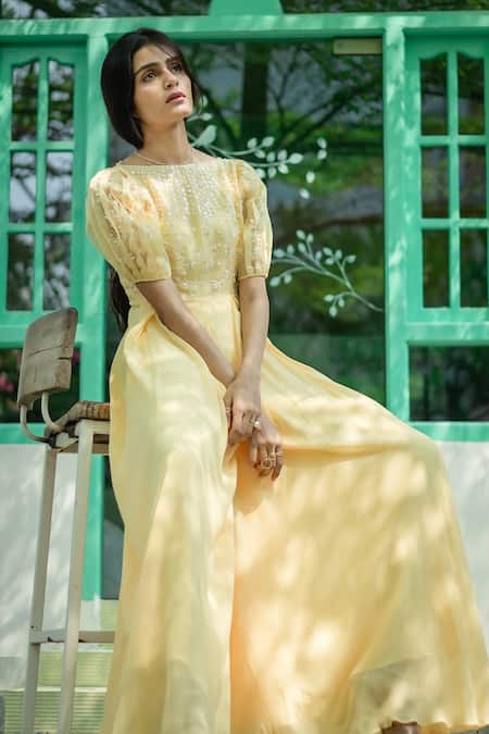 Shop_PIRI INDIA_Yellow Organza, Silk Embroidery Boat Neck Bodice Sequins Jumpsuit _at_Aza_Fashions