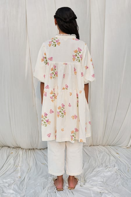 Shop Ayaka White Cotton Lace Collared Floral Print Dress at Aza Fashions Shop_Ayaka_White Cotton Lace Collared Floral Print Dress _at_Aza_Fashions
