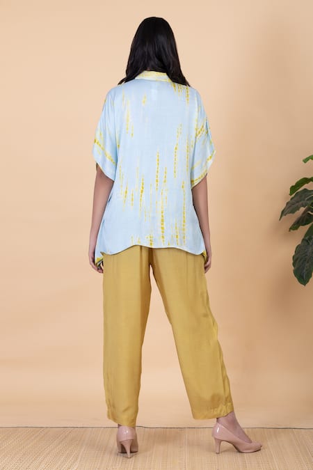 Shop Chambray & CO. Blue Silk Collared Kiki Tie Dye Kaftan And Pant Set at Aza Fashions Shop_Chambray & CO._Blue Silk Collared Kiki Tie Dye Kaftan And Pant Set _at_Aza_Fashions