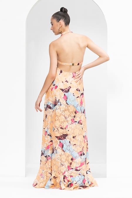 Mandira Wirk Beige Chanderi Halter Neck Multicolor Print Maxi Dress Online at Aza Fashions Mandira Wirk_Beige Chanderi Halter Neck Multicolor Print Maxi Dress _Online_at_Aza_Fashions