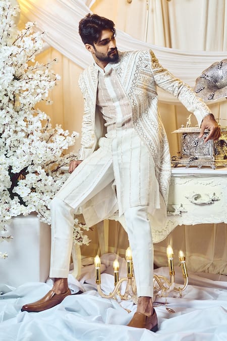 Shop_Varun Chakkilam_White Twill Silk Embroidered Glass Beads Geometric Sherwani Set  _at_Aza_Fashions