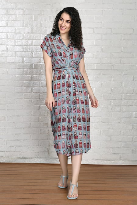 Shop_Whimsical By Shica_Blue Cotton, Silk Collared Babushka Doll Print Shirt Dress _at_Aza_Fashions