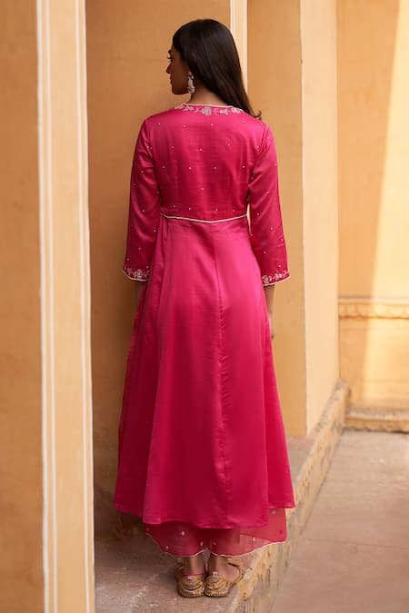 Shop Zoon Pink Chanderi, Cotton, Silk Organza Crystals, Sequins Angrakha Anarkali Pant Set at Aza Fashions Shop_Zoon_Pink Chanderi, Cotton, Silk Organza Crystals, Sequins Angrakha Anarkali Pant Set _at_Aza_Fashions
