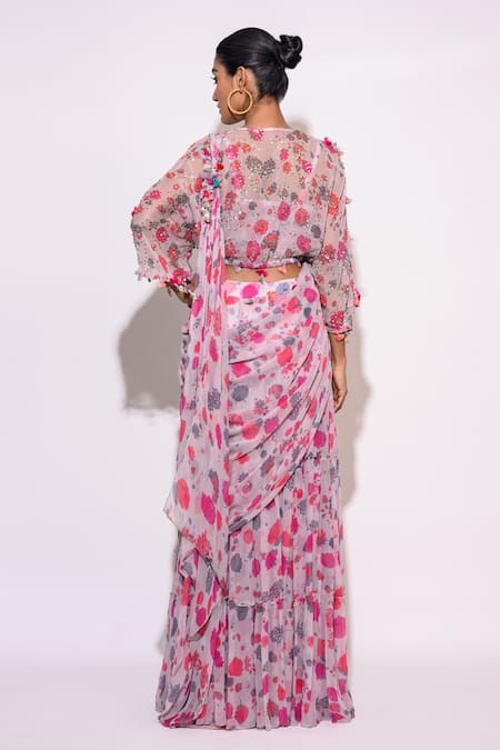 Shop_Aangan By Parul_Grey Chiffon Floral Pattern And Embellishment Pre-draped Saree Set  _at_Aza_Fashions