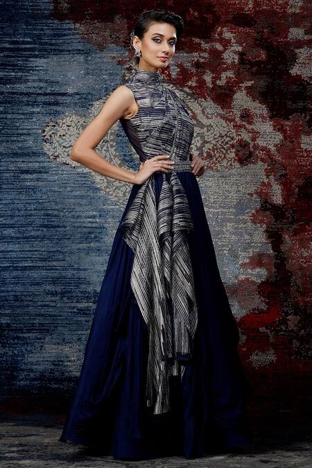 Shantnu Nikhil_Blue Draped Metallic Gown_Online_at_Aza_Fashions