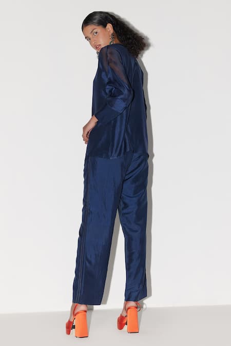 Shop Febo6 Blue Silk Embroidery Round Neck Panelled Top And Pant Set at Aza Fashions Shop_Febo6_Blue Silk Embroidery Round Neck Panelled Top And Pant Set _at_Aza_Fashions