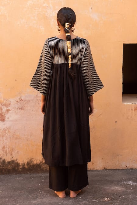 Shop_Avaasya Jaipur_Black Cotton, Silk Gota Patti V-neck Anarkali And Pant Set _at_Aza_Fashions