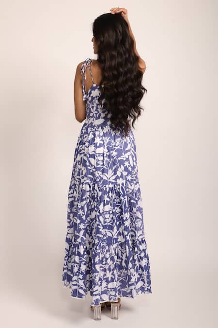 Aroop Shop India Berry Blue Floral Print Maxi Dress 