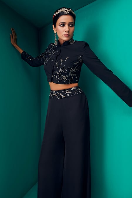 Shop Rishi And Soujit Blue Georgette Embroidery Cutdana Bead Jacket And Flared Pant Set at Aza Fashions Shop_Rishi And Soujit_Blue Georgette Embroidery Cutdana Bead Jacket And Flared Pant Set _at_Aza_Fashions