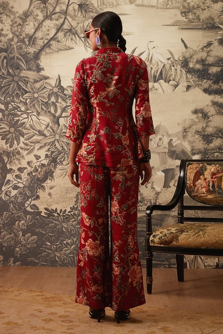 Shop Kalista Maroon Viscose Embroidery Split V-neck Azalea Chintz Pattern Shirt And Pant Set at Aza Fashions Shop_Kalista_Maroon Viscose Embroidery Split V-neck Azalea Chintz Pattern Shirt And Pant Set _at_Aza_Fashions