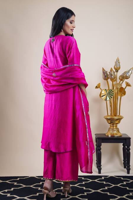 Shop Bhusattva Pink Cotton, Silk Sequins, Beads, Embroidery, Gota Patti Placket Kurta Set at Aza Fashions Shop_Bhusattva_Pink Cotton, Silk Sequins, Beads, Embroidery, Gota Patti Placket Kurta Set _at_Aza_Fashions
