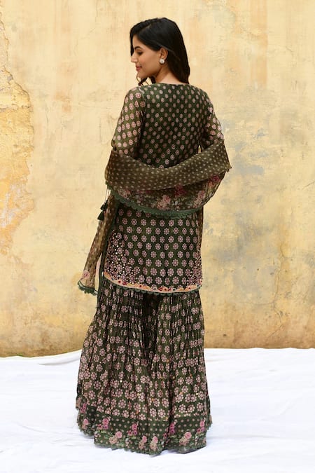 Shop_Label Niti Bothra_Green Silk, Organza Embroidery, Tassels Chandrakala Pattern Kurta Sharara Set _at_Aza_Fashions