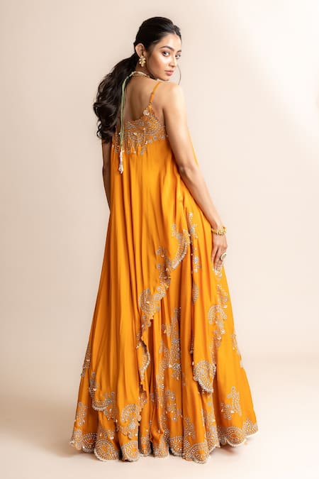 Shop_Nupur Kanoi_Orange Crepe, Silk, Canvas Sequins, Hand Embroidered Lehenga And Singlet Top Set _at_Aza_Fashions