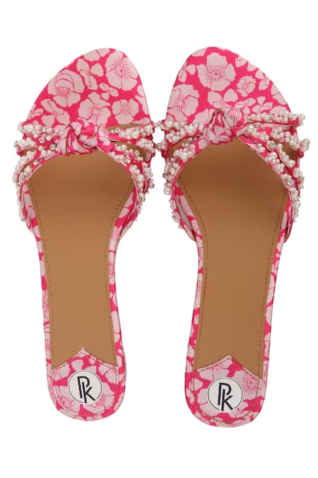 Shop Preet Kaur Pink Embroidery, Beads Poppy Printed Sandals at Aza Fashions Shop_Preet Kaur_Pink Embroidery, Beads Poppy Printed Sandals _at_Aza_Fashions