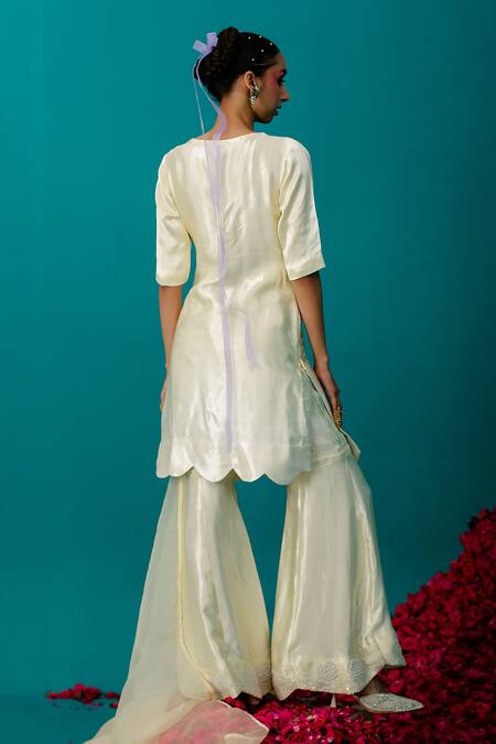 Shop Latha Puttanna Yellow Mashru Silk Embroidered Floral V Neck Kurta And Sharara Set at Aza Fashions Shop_Latha Puttanna_Yellow Mashru Silk Embroidered Floral V Neck Kurta And Sharara Set _at_Aza_Fashions