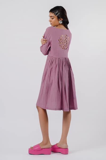 Shop Tussah By Siddhi Shah Purple Cotton Round Neck Cutwork Detail Dress at Aza Fashions Shop_Tussah By Siddhi Shah_Purple Cotton Round Neck Cutwork Detail Dress _at_Aza_Fashions