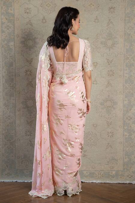 Shop Summer By Priyanka Gupta Peach Georgette Embroidery, Foil Printing V-neck Floral Saree With Blouse at Aza Fashions Shop_Summer By Priyanka Gupta_Peach Georgette Embroidery, Foil Printing V-neck Floral Saree With Blouse_at_Aza_Fashions