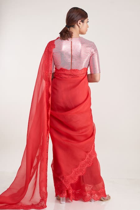 Shop Pooja Bagaria Red Silk Organza Lace Round Neck Chantilly Border Saree With Blouse at Aza Fashions Shop_Pooja Bagaria_Red Silk Organza Lace Round Neck Chantilly Border Saree With Blouse _at_Aza_Fashions