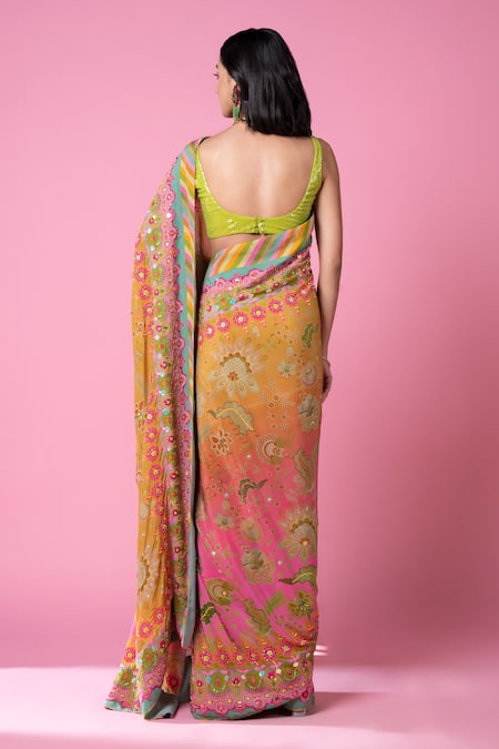 Siddhartha Bansal_Multi Color Crepe, Georgette Embroidery, Floral Print Saree With Work Blouse _Online_at_Aza_Fashions