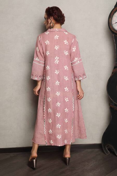Shop_Falguni.Foram_Wine Gingham, Linen Collared Leaf Print Midi Dress _at_Aza_Fashions
