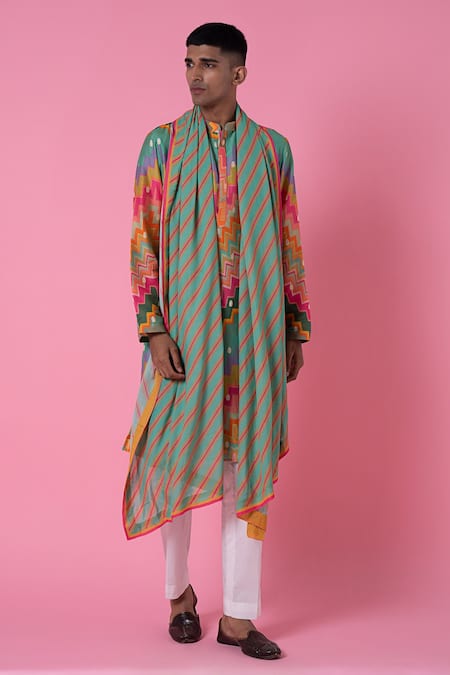 Shop Siddhartha Bansal Green Stripe Print Stole at Aza Fashions Shop_Siddhartha Bansal_Green Stripe Print Stole _at_Aza_Fashions