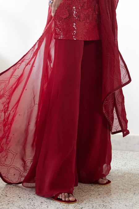 Shop Mishru Red Tulle, Organza Beads, Sequins, Embroidery Nora Floral Tunic Plain Pant Set at Aza Fashions Shop_Mishru_Red Tulle, Organza Beads, Sequins, Embroidery Nora Floral Tunic Plain Pant Set _at_Aza_Fashions