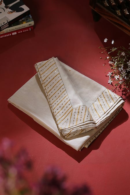 Shop_Weaver Story_Off White Embroidery Gota Patti Chanderi Silk Border Dupatta _at_Aza_Fashions