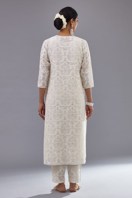 Shop Kora Off White Cotton Sequins, Embroidery Mandarin Jaal And Straight Kurta Pant Set at Aza Fashions Shop_Kora_Off White Cotton Sequins, Embroidery Mandarin Jaal And Straight Kurta Pant Set _at_Aza_Fashions
