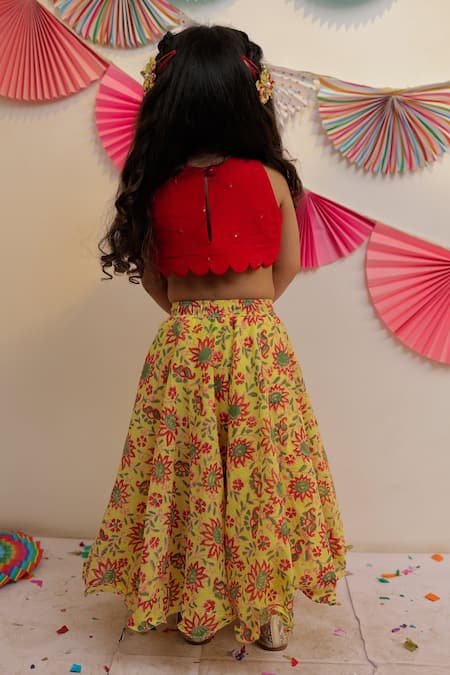 Shop Tiny Colour Yellow Cotton, Georgette Sunshine Floral Print Skirt With Contrast Top at Aza Fashions Shop_Tiny Colour_Yellow Cotton, Georgette Sunshine Floral Print Skirt With Contrast Top _at_Aza_Fashions