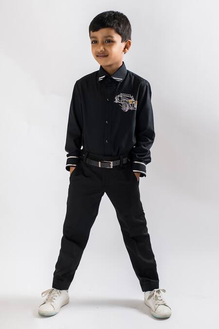 Shop Lil Angels Black Cotton Embroidery Vintage Car Embellished Shirt at Aza Fashions Shop_Lil Angels_Black Cotton Embroidery Vintage Car Embellished Shirt _at_Aza_Fashions