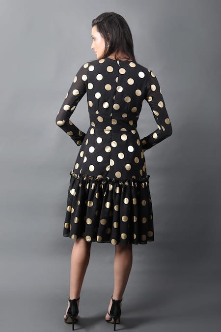 Shop Swatee Singh Black Georgette High Neck Polka Dot Print Flared Dress at Aza Fashions Shop_Swatee Singh_Black Georgette High Neck Polka Dot Print Flared Dress _at_Aza_Fashions