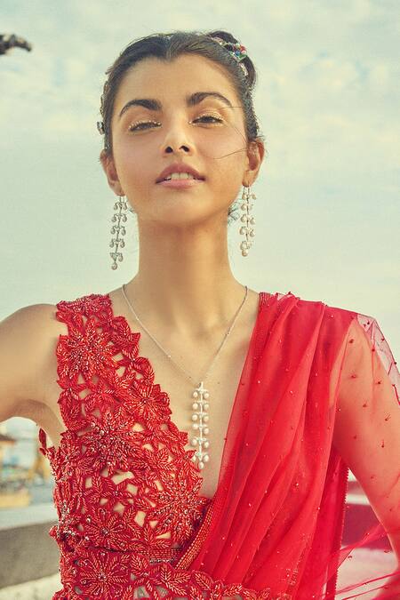 Shop Surily G Maroon Organza Embroidered Floral V Neck Cutwork Blouse at Aza Fashions Shop_Surily G_Maroon Organza Embroidered Floral V Neck Cutwork Blouse _at_Aza_Fashions