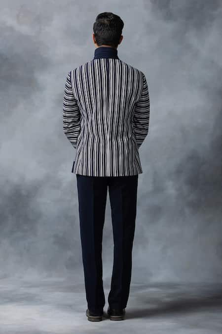 Shop_Sarab Khanijou_Blue Knitted Fabric Striped Jacket _at_Aza_Fashions